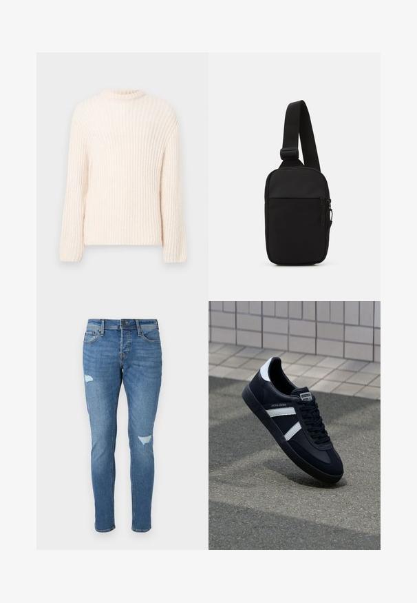 Chunky cream knit sweater with a round neckline, long sleeves, and ribbed texture. Simple design and soft fabric.; Faded blue denim jeans with a slim fit, featuring distressed areas at the knees, a button closure, and five-pocket design.; Black leather sneaker with white stripes, textured rubber sole, and lace-up front. Features a branded label on the tongue.; Black crossbody bag made of durable fabric, featuring a single adjustable strap, a zippered main compartment, and a front pocket.