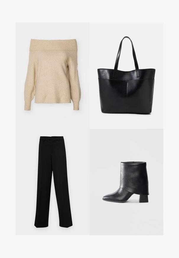 Μπεζ πουλόβερ εκτός ώμου, φτιαγμένο από μαλακό πλεκτό ύφασμα, με ριμπ μανσέτες και στρίφωμα, relaxed fit και με υφή στην επιφάνεια.; Μαύρο παντελόνι φάρδιας γραμμής από μαλακό ύφασμα, με κλασική ζώνη στη μέση που κλείνει με κουμπί και μπροστινές πιέτες.; Μαύρη δερμάτινη μπότες μέχρι τον αστράγαλο με μυτερή μύτη, λεία υφή και δομημένο τακούνι. Διαθέτει υψηλό, διπλωμένο σχέδιο στην επάνω μεριά.; Μαύρη δερμάτινη τσάντα tote με δύο μακριούς ιμάντες, λεία υφή και δομημένο σχήμα. Διαθέτει μπροστινή τσέπη για επιπλέον αποθήκευση.