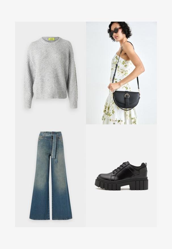 Pulover tricotat gri deschis cu un model texturat, guler rotund și manșete și tiv cu nervuri. Potrivire lejeră. Etichetă vizibilă în interiorul gulerului.; Pantaloni din denim largi, cu un gradient de la albastru deschis la albastru închis, talie înaltă, bucle pentru curea și o curea din același material. Finisaj texturat din denim.; Pantofi cu talpă plată din piele neagră, cu toc gros, vârf rotund și design tradițional cu șireturi. Prezintă o textură netedă și detalii minime.; Geantă din piele neagră, cu o formă curbată, curea detașabilă și accesorii aurii. Geanta are un capac cu un detaliu tip cataramă.