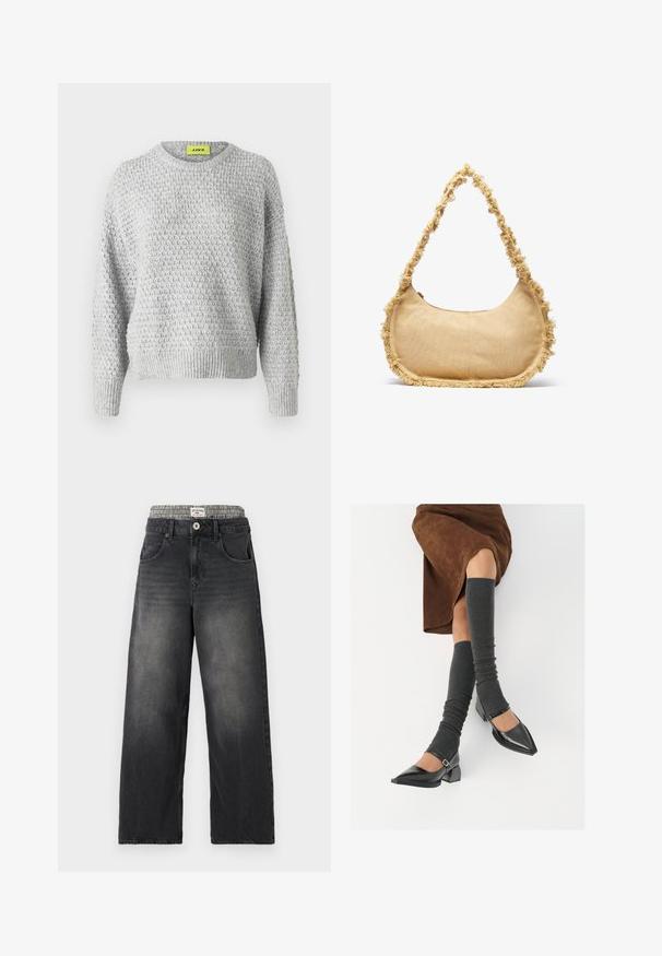 Šviesiai pilkas mezginys su tekstūriniu raštu, apvaliu iškirpimu ir raukšlėtais rankogaliais bei apačia. Atsipalaidavęs siluetas. Etiketė matoma apykaklėje.; Juodi džinsai su plačiomis kojomis ir houndstooth rašto juosmeniu. Pirmuose kišenėse ir su mygtuko uždarymu. Dėvėtas tekstūras.; Juodi lakuoti odiniai batai su aštriu kuma ir bloko kulnu, derinami su pilkais riebiais kojų šildytuvais ir rudais zomšiniais sijonais.; Tekstūruotas bežinis krepšys su apvalia forma, nusidėvėjęs apvadas aplink kraštus ir trumpa rankena nešimui. Užtraukiama anga viršuje.