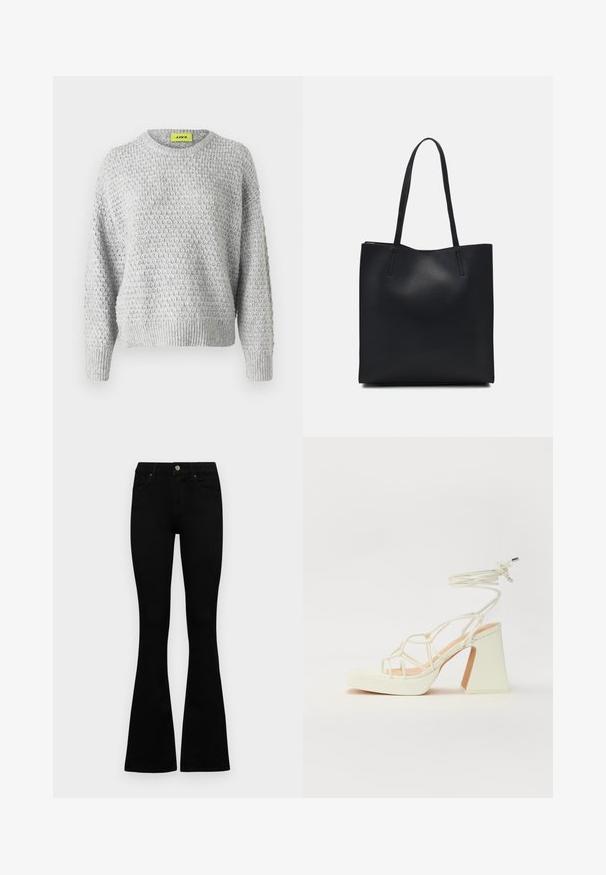 Lys grå strikkegenser med et teksturert mønster, rund hals og ribbestrikkede mansjetter og kant. Løs passform. Merk synlig inne i kragen.; Sorte høytlivsjeans med knapp og glidelås, frontlommer og utsvingte bein liggende flatt på en hvit bakgrunn.; Hvit høyhælte sandal med kraftig hæl, med en stroppe-design og ankelbånd. Glatt tekstur med plattform foran for ekstra høyde.; Svart lær tote bag med glatt tekstur, rektangulær form og to lange håndtak. Ingen synlige deler eller dekorasjoner.