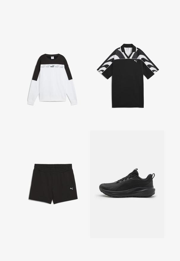 Bela majica s kapuco s črnimi zgornjim delom, ki ima ponovljen sivo "PUMA" logotip. Narejena iz mehkega materiala z dolgimi rokavi in okroglo ovratnikom.; Črna športna majica z V-izrezom, kratkimi rokavi in belimi valovitimi vzorci v zgornjem delu. Na sprednji strani se nahaja majhna bela logo.; Črne atletske kratke hlače z elastičnim pasom, narejene iz mehke tkanine. Značilna je majhna bela logo na spodnjem levem delu spredaj.; Črne atletske čevlje z teksturirano mrežasto zgornjo vrstico, oblazinjenim ovratnikom, vezalkami in gumijastim podplatom. Imajo eleganten dizajn in trdno konstrukcijo.