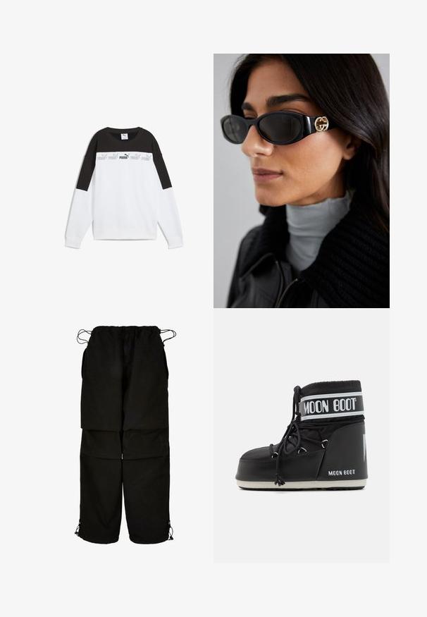 Balta sweatshirt ar melnu augšējo paneļu, kas rotāts ar atkārtotu pelēku "PUMA" logotipu. Izgatavots no mīksta auduma ar garām piedurknēm un apaļu kakla izgriezumu.; Melnas bikses no viegla auduma, ar regulējamu jostasvietu un auklu apakšmalās. Izstrādātas ar brīvu, pārmēru piegriezumu un vairākām kabatām.; Melna Mēness zābaku ar mīkstu augšdaļu, kas nostiprināta ar auklām un izceļas ar izteiksmīgu balto joslu ar logotipu. Resna, strukturēta gumijas zole.; Melni saulesbrilles ar gludu taisnstūra formu un zelta logo akcentu uz sāna. Tumši objektīvi un spīdīga apdare ir izceltas.