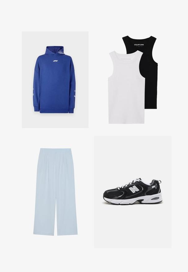 Felpa blu con cappuccio, caratterizzata da un logo centrale, maniche lunghe, polsini a costine e un cappuccio texturizzato con un accento a motivo sul lato.; Due magliette attillate in nero e bianco. Realizzate in cotone a coste, presentano spalline larghe e scollature arrotondate. Marchio sul colletto.; Pantaloni a gamba larga blu chiaro realizzati in un materiale morbido, con pieghe frontali e una vita elasticizzata per il comfort.; Scarpe sportive nere e grigie con tomaia in mesh e scamosciato, dotate di un collare bianco, lacci e un audace logo "N" di lato.