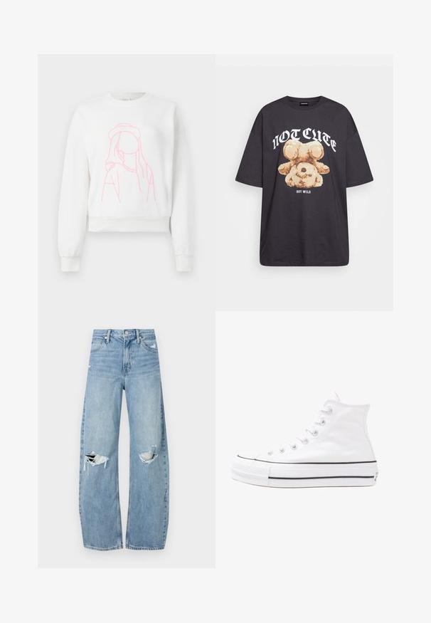 Hvid cropped sweatshirt med et frontdesign i lyserød kontur af en figur med langt hår og hat. Blødt stof med ribbede manchetter.; Sort oversized t-shirt med et grafisk motiv af en bjørn samt teksten "IKKE SØD MEN VILD" i fede, hvide bogstaver. 100% bomulds materiale.; Lysblå, højtraljede jeans lavet af denim. Har brede ben, to huller ved knæene og klassisk fem-lommes stil.; Hvide høje kanvas sneakers med sort gummisål, gummitåhætte foran og seks øjehuller til snørebånd, der har et rent, minimalistisk design.