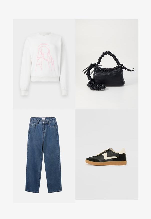 Weißer, verkürzter Sweatshirt mit einem frontalen Design in pink, das eine Figur mit langen Haaren und einem Hut umreißt. Weicher Stoff mit gerippten Bündchen.; Klassische blaue Denim-Jeans mit geradem Bein, fünf Taschen und Knopfverschluss. Sie verfügen über eine mittelblau gewaschene Optik und sind aus robuster Textur.; Schwarze Wildleder- und Leder-Sneaker mit einem cremefarbenen Seiten-Swoosh und einer hellcremefarbenen Ferse. Ausgestattet mit beige Schnürsenkeln und einer Gummilaufsohle.; Schwarze Handtasche aus Kunstleder mit Krokodilstruktur, gerafftem oberen Teil und einem geschoppten Tragegurt. Sie wirkt weich und kompakt im Design.