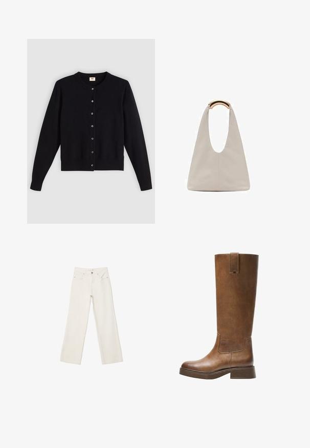 Černý cardigan s kulatým výstřihem, dlouhými rukávy a předním zapínáním na knoflíky. Vyrobený z měkké látky s jemně žebrovanými manžetami a lemem.; Bílé široké džíny vyrobené z denimové látky, s vysokým pasem, předními kapsami a knoflíkovým zapínáním. Čistý design s minimálními akcenty.; Hnědé kožené vysoké boty na kolena s kulatou špičkou, texturovaným povrchem a nízkým patem s podstavcem. Obsahují boční panel a poutko na horní části.; Světlá šedá kožená taška s U-tvarovaným designem a zakřivenou kovovou rukojetí. Hladký povrch s minimálním šitím a bez viditelných vzorů.