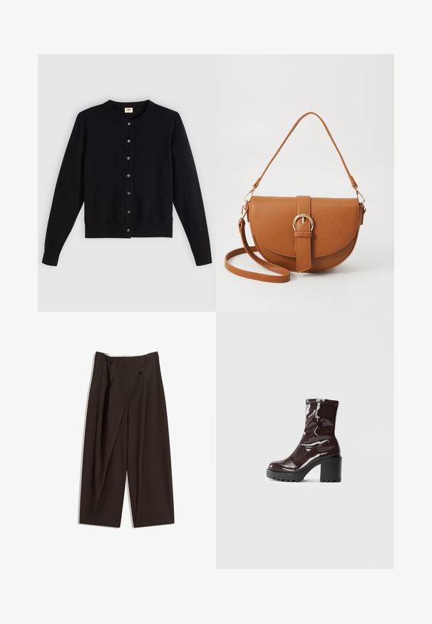 Black cardigan with a round neck, long sleeves, and front button closure. Made of soft fabric with subtle ribbed cuffs and hem.; Dark brown wide-leg trousers with a high waist, featuring a single button closure and a pleated front. Made from lightweight fabric.; Glossy burgundy ankle boot with a chunky black heel, featuring a smooth texture and simple design. No visible fastenings or patterns.; Brown leather crossbody bag with a curved shape, gold hardware, and a buckle accent. Features a detachable shoulder strap.