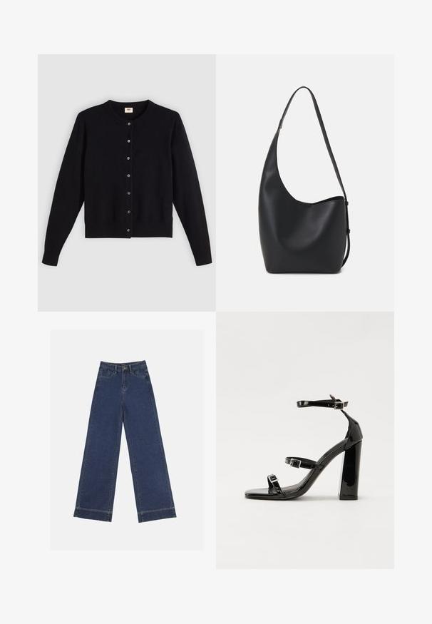 Black cardigan with a round neck, long sleeves, and front button closure. Made of soft fabric with subtle ribbed cuffs and hem.; Wide-leg jeans in dark blue denim. Features five pockets, belt loops, and a raw hem at the bottom with visible stitching details.; Black patent high-heeled sandals with two buckle straps, square toe, and a chunky block heel, featuring a smooth, glossy texture.; Black leather hobo bag with a smooth texture, curved shape, and single adjustable strap; features a wide opening at the top.