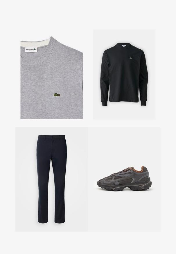 Grå sweatshirt med rund halsringning, ribbad kant och en liten grön Lacoste-krokodil på vänster sida. Bekväm stickad textur.; Svart långärmad t-shirt i bomull, med rund halsringning och en liten grön broderad krokodil-logotyp på vänster bröst.; Mörkblå byxor i slätt tyg, med rak bendesign, bälteshällor och knappstängning med dragkedja.; Lacoste-sneakers i mörkgrått med nät och syntetmaterial, med en strukturerad sula och bruna detaljer på kragen och varumärket.