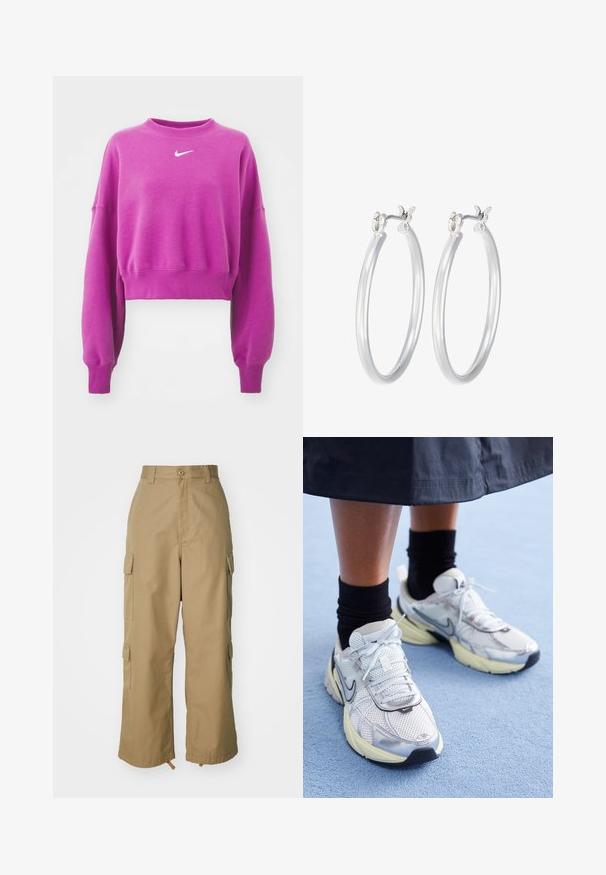 Lila verkürzter Sweatshirt aus Baumwollmischung, mit rundem Ausschnitt, langen Ärmeln und einem weißen Nike-Logo auf der Brust.; Beige Cargo-Hosen mit hoher Taille, weitem Bein und vier großen Seitentaschen. Aus strapazierfähigem Stoff mit glatter Textur und minimalen Details.; Weiße und silberne Nike-Sneaker aus Mesh-Gewebe, mit reflektierenden Akzenten und einer beigen Sohle. Getragen mit schwarzen Socken und stehend auf einer blauen Fläche.; Silberne Creolen mit einer glatten, polierten Oberfläche. Runder Form und sicherem Klickverschluss. Leichtes Design, geeignet für den täglichen Gebrauch.