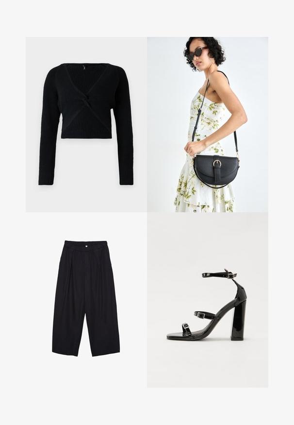 Czarny krótki sweter wykonany z prążkowanej dzianiny, z głębokim dekoltem w kształcie V, długimi rękawami i wiązanym przodem, co dodaje tekstury.; Czarne spodnie culotte z poliestru z elastycznym pasem, dwoma fałdami z przodu i luźnym krojem. Brak widocznych wzorów lub elementów metalowych.; Czarne lakierowane sandały na obcasie z kwadratowym noskiem, z paskami wokół kostki i srebrnymi klamrami. Posiadają masywny słupek dla stabilności.; Czarna skórzana torebka o zakrzywionym kształcie, z odpinanym paskiem i złotymi akcentami. Torebka posiada klapę z zapięciem w kształcie klamry.