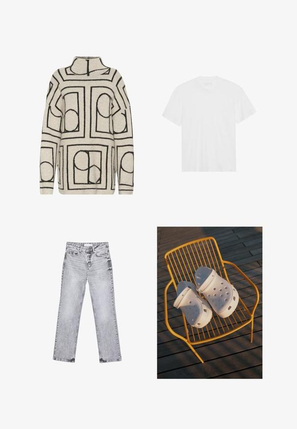Strikpullover i lys beige med sorte geometriske mønstre, har høj hals, løs pasform og tekstureret stof for ekstra varme.; Hvid bomulds T-shirt med korte ærmer, rund halsudskæring og lige kant. Glat tekstur, minimalistisk design uden mønstre eller accenter.; Grå denim jeans med lige ben, distressed detaljer, fem lommer og kobbernitter. Taljebåndet har et logomærke.; Hvide Crocs træskor har et perforeret design, flade såler og justerbare hælremme, og de står på en gul trådstol mod et trægulv.