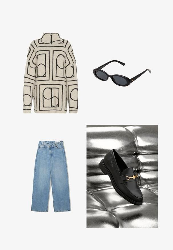 Strickpullover in Hellbeige mit schwarzen geometrischen Mustern, mit hohem Kragen, lockerer Passform und strukturiertem Stoff für zusätzlichen Wärme. ; Hellblaue weite Jeans aus Denim, mit hoher Taille, fünf Taschen, Knopfverschluss und dezentem Verblassen für Textur.; Schwarze Leder-Loafer mit goldfarbener Hardware. Der Schuh zeichnet sich durch ein elegantes Design und eine glatte, glänzende Oberfläche aus.; Schwarze, oversized Sonnenbrillen mit ovalen Gläsern, glattem Kunststoffrahmen und goldenen Akzenten an den Bügeln. Die dunklen Gläser bieten Sonnenschutz.; Weiche braune Hobo-Stil Handtasche mit einem einzigen breiten Trageriemen und einer geschwungenen Oberteilöffnung, auf einem weißen Hintergrund präsentiert.