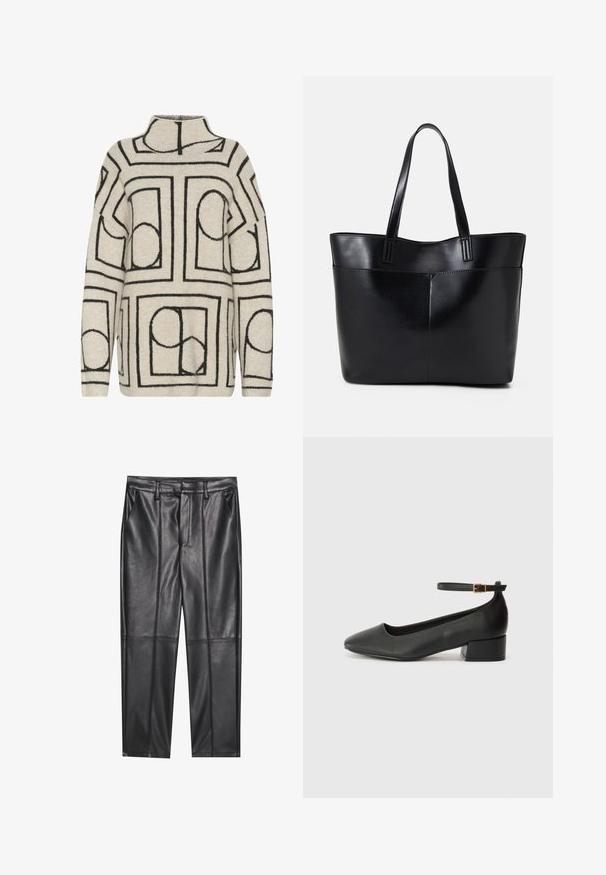 Jersey de punto en beige claro con patrones geométricos en negro, con cuello alto, corte holgado y tejido texturizado para mayor calidez.; Pantalones de cuero negros con una textura suave, con un corte recto, dos bolsillos frontales y detalles de costura visibles.; Zapato de tacón negro de cuero con punta afilada y tacón bajo cuadrado. Presenta una correa para el tobillo con una hebilla en tono dorado. Textura suave.; Bolso tote de cuero negro con dos asas largas, textura suave y forma estructurada. Cuenta con un bolsillo frontal para almacenamiento adicional.