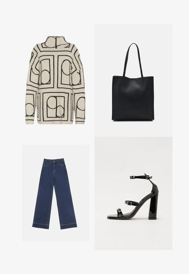 Strickpullover in Hellbeige mit schwarzen geometrischen Mustern, mit hohem Kragen, lockerer Passform und strukturiertem Stoff für zusätzlichen Wärme. ; Weite Jeans in dunkelblauem Denim. Verfügt über fünf Taschen, Gürtelschlaufen und einen rohen Saum am unteren Ende mit sichtbaren Nahtdetails.; Schwarze Lackleder-Sandalen mit hohen Absätzen, zwei Riemen mit Schnallen, quadratischer Zehenpartie und klobigem Blockabsatz, mit einer glatten, glänzenden Textur.; Schwarze Laptoptasche aus Leder mit glatter Textur, rechteckiger Form und zwei langen Griffen. Keine sichtbaren Beschläge oder Verzierungen.