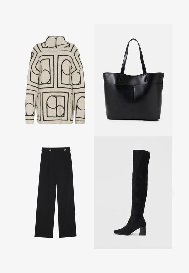 Pull en tricot beige clair avec des motifs géométriques noirs, doté d'un col montant, d'une coupe ample et d'un tissu texturé pour plus de chaleur.; Pantalons larges noirs à taille haute, avec des détails de boutons à la taille et des plis sur le devant.; Botte noire en daim montée jusqu'au genou, avec un talon bloc, un bout pointu et un design lisse et sans couture sur un fond clair.; Sac fourre-tout en cuir noir avec deux longues poignées, une texture lisse et une forme structurée. Dispose d'une poche avant pour un rangement supplémentaire.
