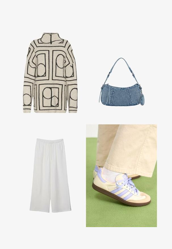 Sweter dziany w jasnym beżu z czarnymi geometrycznymi wzorami, z wysokim kołnierzem, luźnym krojem i teksturowanym materiałem dla dodatkowego ciepła.; Białe szerokie spodnie wykonane z lekkiego materiału, z elastyczną talią i sznurkiem do regulacji fasonu. Gładka tekstura.; Kremowe i lawendowe trampki z trzema paskami oraz teksturowaną brązową podeszwą, wyposażone w sznurówki i wyścieloną piętę. Górna część z miękkiego materiału.; Dżinsowa torba na ramię o zaokrąglonym kształcie, w jasnoniebieskim kolorze, z regulowanym paskiem na ramię oraz małą odpinaną kieszonką z metalowymi akcentami.