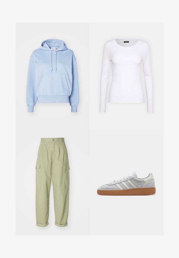 Svetlo modra kapuca iz mehkega blaga, z sprednjim žepom, kapuco s vrvico in majhnim vezenim logotipom na prsih.; Bela rebrasta majica z dolgimi rokavi in okruglim izrezom. Narejena iz elastičnega materiala, ki se prilega telesu. Značilen je diskreten horizontalni potisk.; Svetlozeleni cargo hlače iz bombažnega blaga. Imajo visok pas, zavihane manšete in dva stranska cargo žepa za dodatno uporabnost.; Svjetlo sivi suedesni sportski cipeli s bijelim kožnim naglascima, tri bijele pruge i smeđi gumeni potplat, s podstavljenim ovratnikom za udobnost.