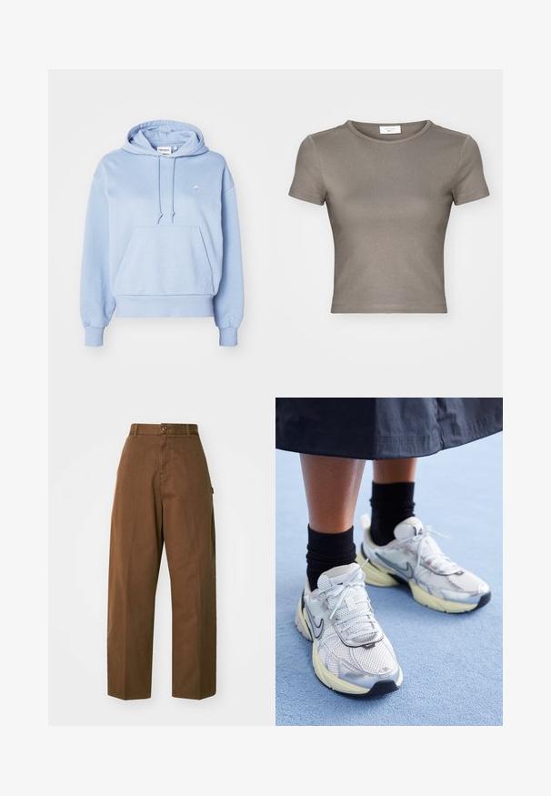 Light blue hoodie made of soft fabric, featuring a front pocket, drawstring hood, and a small embroidered logo on the chest.; Short-sleeve, crew-neck T-shirt in taupe, made from smooth cotton. Features a fitted design and fine stitching along the hem and sleeves.; Brown, wide-leg trousers made of durable fabric with a button closure and side pockets. Smooth texture and straight cut.; White and silver Nike sneakers with mesh fabric, reflective accents, and a beige sole. Worn with black socks, standing on a blue surface.