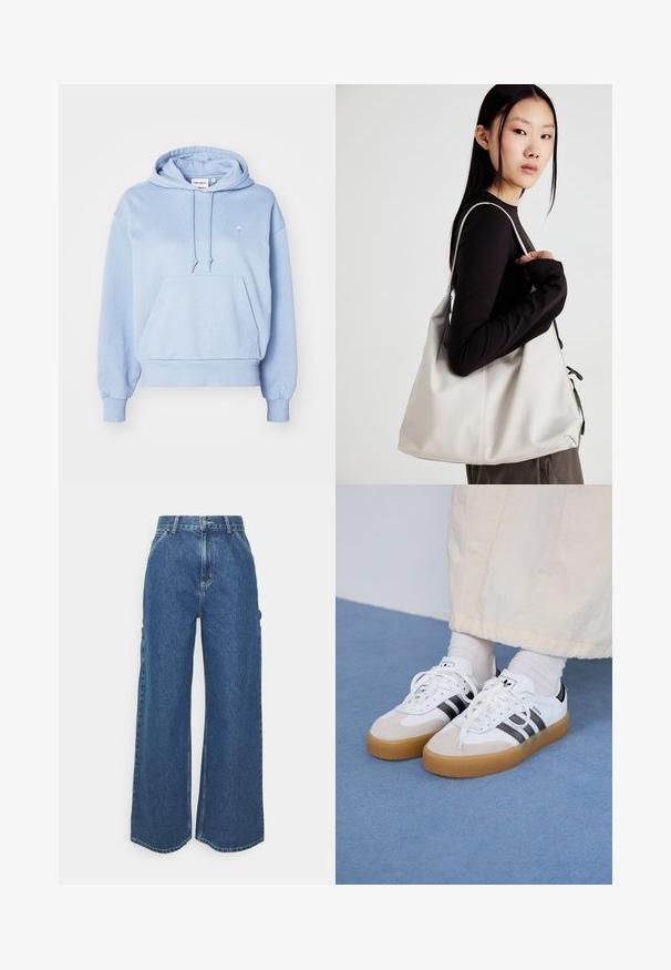 Világoskék kapucnis pulóver, puha anyagból készült, elülső zsebbel, zsinóros kapucnival és egy kis hímzett logóval a mellen.; Széles szárú, kék farmernadrág magas derékkal, kontrasztos varrással és oldalsó zsebekkel, klasszikus öt zsebes kialakítással és nyers szegéllyel.; Fehér sportcipő fekete csíkokkal és bézs velúr részletekkel. Texturált gumi talppal és lapos fehér fűzőkkel rendelkezik, világos színű zoknival viselve.; Puha anyagból készült bézs kézitáska, laza dizájnnal, varrott részletekkel és két vállpánttal. Mindennapi használatra alkalmas.