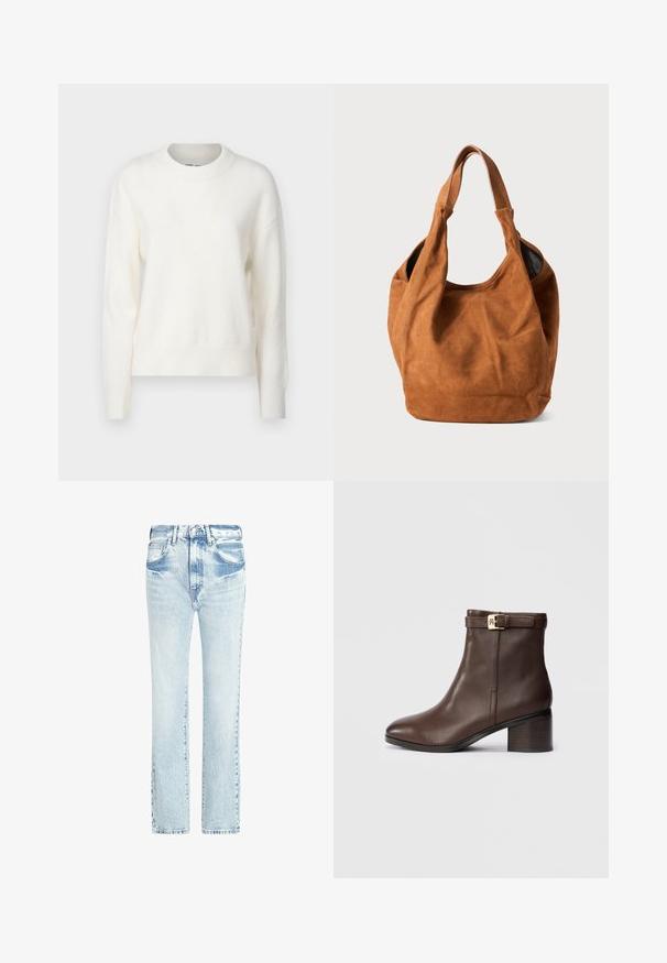 Balts, mīksts dzijas džemperis ar noapaļotu kakla izgriezumu, garām piedurknēm un ribotām aprocēm un apakšmalu. Vienkāršs dizains, viegla tekstūra un bez rakstiem vai akcentiem.; Gai zili džinsi ar taisnu kāju dizainu, piecām kabatām un nolietotu tekstūru. Iekļauj redzamas šuves un klasisku pogu aizdari.; Kasta ādas potītes zābaks ar noapaļotu purngali, zemu kvadrātveida papēdi un dekoratīvu sprādzi ap potīti. Gluda tekstūra un elegants dizains.; Brūna zamša plecu soma ar maigu tekstūru, izliekta forma un divi rokturi. Iezīmē minimālistisku dizainu bez redzamām detaļām vai akcentiem.