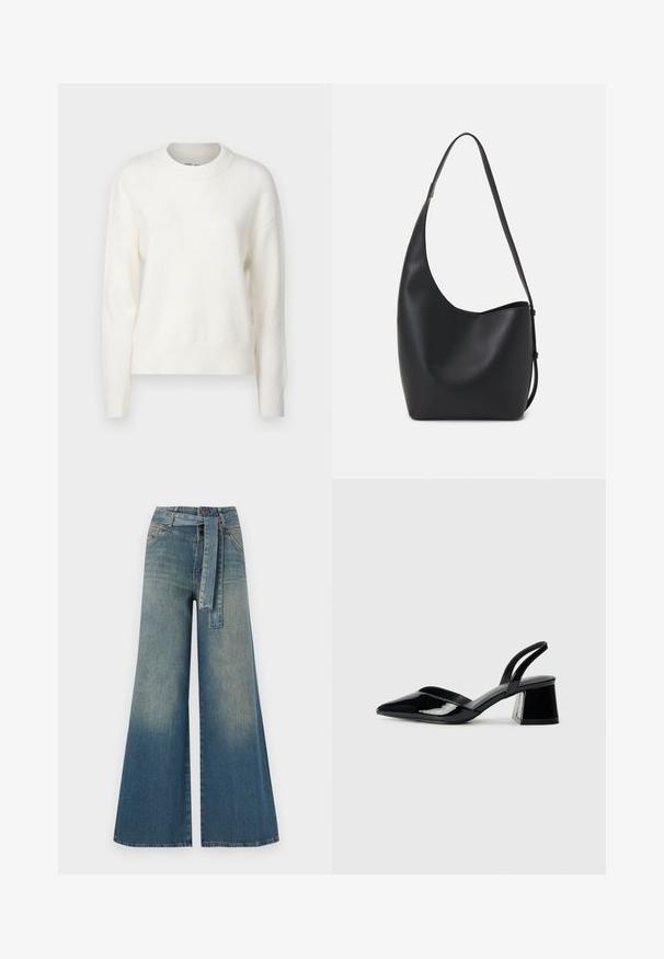 Sweater branco de malha suave com decote redondo, mangas longas e punhos e bainha canelados. Design simples, textura leve e sem padrões ou detalhes.; Calças de ganga de perna larga com um gradiente de azul claro a escuro, cintura alta, passantes para cinto e um cinto de tecido a condizer. Acabamento em ganga texturizada.; Sandy em verniz preto com salto slingback, ponta afilada e salto geométrico. Apresenta um design elegante e minimalista com textura suave.; Saco hobo preto em pele com uma textura lisa, forma curva e uma única alça ajustável; apresenta uma abertura larga na parte de cima.