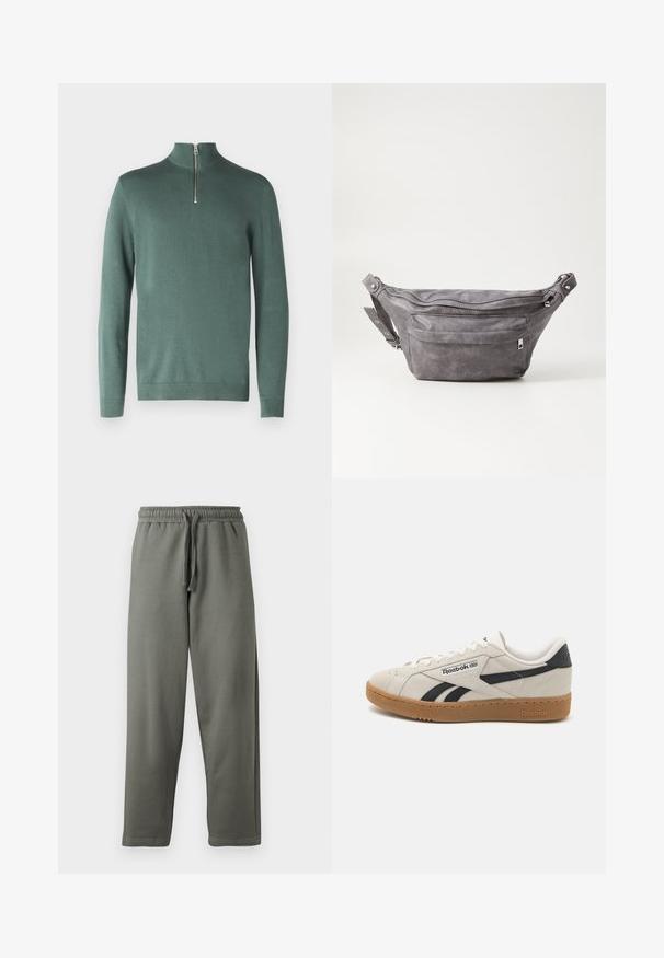 Only & Sons ONSALEX HALF ZIP - Džemper - chinois green; Hallid hallid spordipüksid pehmest kangast, millel on elastne vöökoht ja nöör; sirge jala lõige ja minimaalne õmbluste detail.; Reebok tossud beežist suede'ist mustade aktsentidega. Omab kummist tallat, traditsioonilist nöörimist ja pehmendatud krae mugavuse tagamiseks.; Hallikate nahast vöö kott, millel on ümar kuju, kaks tõmblukuga taskut ning reguleeritav rihm. Varustatud metallist detailide aktsentidega.