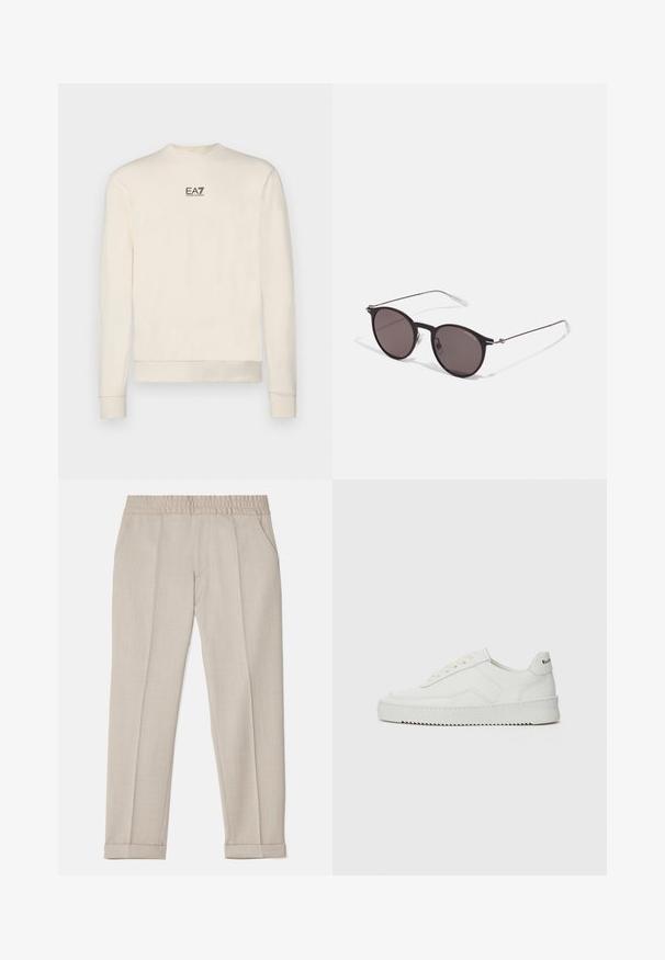 Cream long-sleeve sweatshirt made of soft cotton, featuring a rounded neckline, ribbed cuffs, and a small printed logo on the chest.; Filippa K TERRY CROPPED TROUSERS - Trousers - sage melange; White leather sneaker with a smooth finish, round toe, flat laces, and a textured sole. Features a subtle logo on the heel.; Black round sunglasses with dark lenses and slim metal arms. Includes clear temple tips and silver accents at the hinge. Minimalist design.