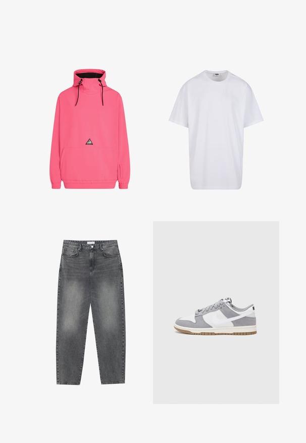 Roze pullover jas met een hoge nek, verstelbare trekkoordjes, een voorzak en elastische manchetten. Heeft een driehoekig logo op de borst.; Witte katoenen t-shirt met korte mouwen, ronde hals, relaxte pasvorm en zonder zichtbare logo's of patronen. Gladde textuur en minimalistisch ontwerp.; Hoge taille, losvallende jeans van vervaagd zwart denim. Beschikt over vijf zakken, riemlussen en een schone, rechte broekspijp ontwerp.; Grijze en witte sneaker met een bovenwerk van suede en leer, ronde neus, platte veters en een rubberen zool met een gumaccent.