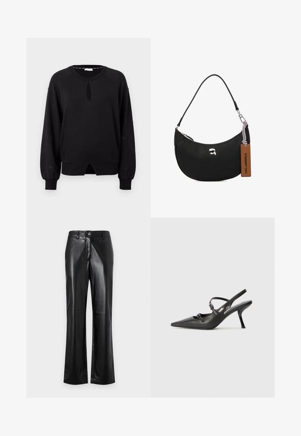 Černá mikina s výstřihem ve tvaru klíčové dírky, dlouhými raglánovými rukávy a nařasenými manžetami. Obsahuje kulaté akcenty podél rukávů a zakřivený lem.; Černé kožené kalhoty se střihováním rovného nohavice, vyznačující se předním zapínáním na knoflík, poutky na opasek a hladkým, lesklým povrchem.; Černé kožené lodičky na boku s špičatou špičkou, štíhlým podpatkem a dekorativní přezkou na nártu. Hladká textura a elegantní design.; Černá kožená kabelka s tvarovanou texturou, zakřiveným tvarem, horním zipovým uzavřením, stříbrnými kovovými doplňky a hnědou visačkou. Obsahuje akcent s logem.