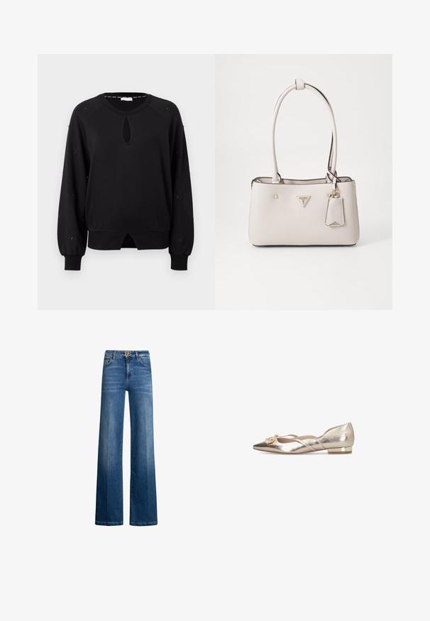 Sweat-shirt noir avec un décolleté en forme de trou de clé, des manches longues en raglan et des poignets froncés. Présente des accents circulaires le long des manches et un ourlet courbé.; Jean large en denim indigo, avec une taille haute, des accessoires en métal argenté, et un design classique à cinq poches. Texture lisse avec un léger dégradé.; Ballet flat en or métallisé avec un bout pointu, présentant des sangles croisées et un accent orné de bijoux. Talon bloc bas avec un détail en or.; Sac à main en simili cuir beige avec une texture lisse, deux poignées de portée, des accessoires en or, une plaque logo et une étiquette attachée.
