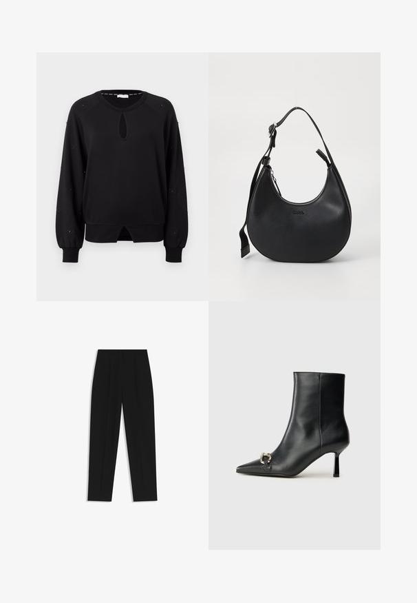 Schwarzes Sweatshirt mit einem Schlüsselloch-Ausschnitt, langen Raglanärmeln und gerafften Bündchen. Verfügt über kreisförmige Akzente entlang der Ärmel und einen abgerundeten Saum.; Schwarze Hose mit geradem Schnitt, doppelten Falten, einer glatten Textur und einem klassischen Bunddesign. Keine sichtbaren Beschläge oder Akzente.; Schwarze Leder-Stiefelette mit spitzer Zehe, schlankem, mittelhohem Absatz und silberner Schnalle seitlich vor einem schlichten Hintergrund.; Schwarze Leder-Schultertasche mit einer geschwungenen Form, Reißverschluss und verstellbarem Tragegurt. Mit eingeprägtem Markenlogo auf der Vorderseite.