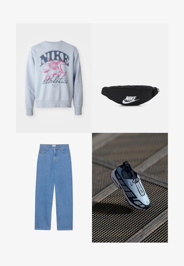 Sweatshirt azul-claro com um grande gráfico de um cavalo alado rosa e o texto "NIKE" em preto. Tecido suave com decote redondo e punhos em ribana.; Jeans de denim azul claro com corte reto, design de cinco bolsos, fecho com um único botão e detalhes de costura subtil nas costuras.; O sapatênis Nike apresenta um design slip-on com parte superior azul-claro, detalhes em preto e painéis laterais perfurados. Bico arredondado e sola texturizada.; Mochila de cintura preta em nylon com fecho com zíper, apresentando um grande logótipo branco da Nike. Textura suave e design ergonómico para um uso confortável.