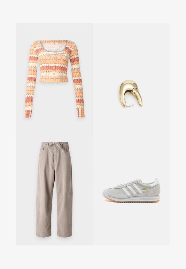 Rip Curl COSY CARDIGAN - Kardigan - multicoloured; Beige kammkootud püksid, millel on mugav lõige, paelaga vöökoht, kaks eesmist taskut ja vertikaalne soonik tekstuur.; Heled hallid tossud, mis on valmistatud nubukist ja võrgust, millel on kolm valget triipu, ümmargune varvas ja kummist tald. Kuldne logoelement paelte lähedal.; Kuldtooni metallist kõrvarõngas, millel on elegantne ja kaarjas disain. Omab silmapaistvat teravat kuju, poleeritud pinda ja hingesulgemist.