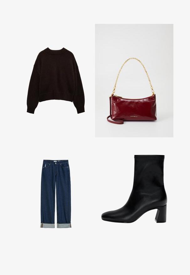 Donkerbruin gebreid sweater met een ronde hals, oversized pasvorm, verlaagde schouders en geribbelde manchetten en zoom. Textuurdetail van de stof zichtbaar.; Donkerblauwe denim jeans met een rechte pijp, opgerolde boorden, zichtbare stiksels en een klassieke vijf-vakkenstijl.; Zwarte enkellaars van soepel leer. Heeft een vierkante neus, een elastische bovenkant en een chunky hak voor stabiliteit. Minimalistisch ontwerp.; Bordeaux leren handtas met een gladde textuur, gouden kettingriem en een ritssluiting. Gegraveerd logo aan de voorkant. Compact ontwerp.