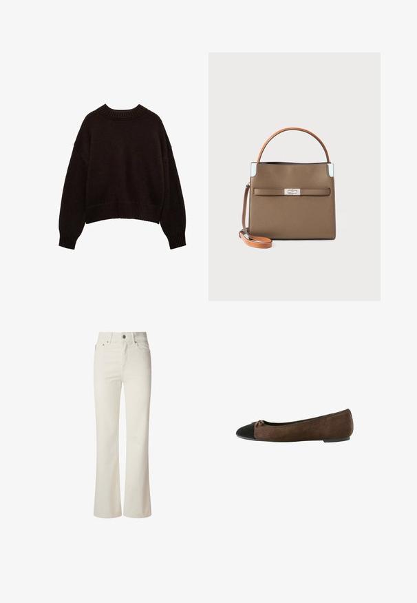 Donkerbruin gebreid sweater met een ronde hals, oversized pasvorm, verlaagde schouders en geribbelde manchetten en zoom. Textuurdetail van de stof zichtbaar.; Witte flared jeans van denim. Heeft een hoge taille, vijf zakken en een metalen knoopsluiting. Glad oppervlak zonder zichtbare patronen.; Bruine suède balletflat met zwarte neuskap en een klein strikdetail, lage hak en elastische rand rond de opening.; Bruine leren handtas met een gestructureerd ontwerp, oranje handvat, zilveren hardware en een voorzak met een sluiting met klap.