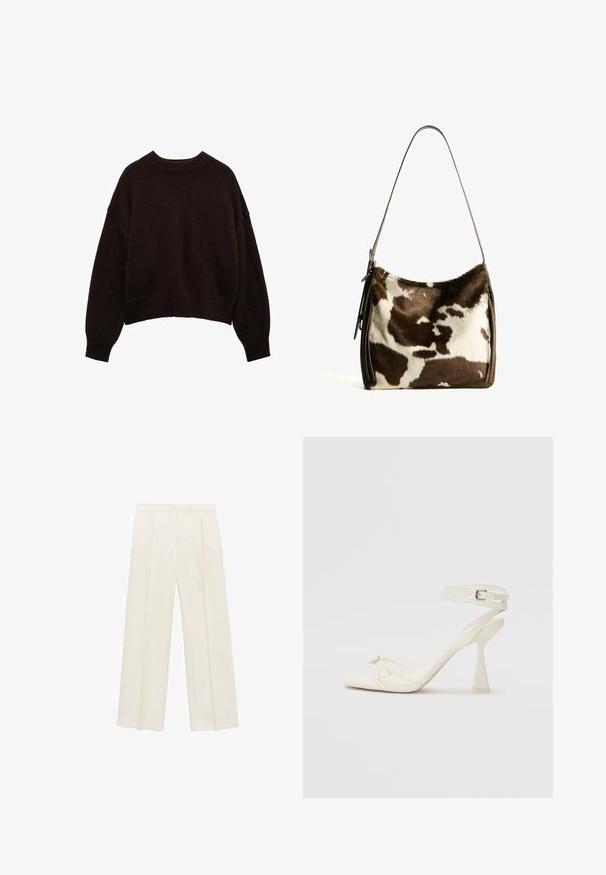 Temno rjav pleteni pulover z okroglim ovratnikom, ohlapnim krojem, spuščenimi rameni ter rebrastimi manšetami in robom. Vidna tekstura blaga.; Hlače širokih nogavic v svetli kremni barvi. Narejene iz gladkega materiala s plitkimi naborki spredaj in stranskimi žepi.; Sandal z visoko peto z naramnicami v beli usnjeni izvedbi s popolnim dizajnom, prozorno blok peto in dekorativnim elementom na prstih.; Rjav in krem torba iz kravjega usnja s gladkim usnjenim trakom, z zadrgo in mehko, strukturo površino, ki prikazuje naravni vzorec.