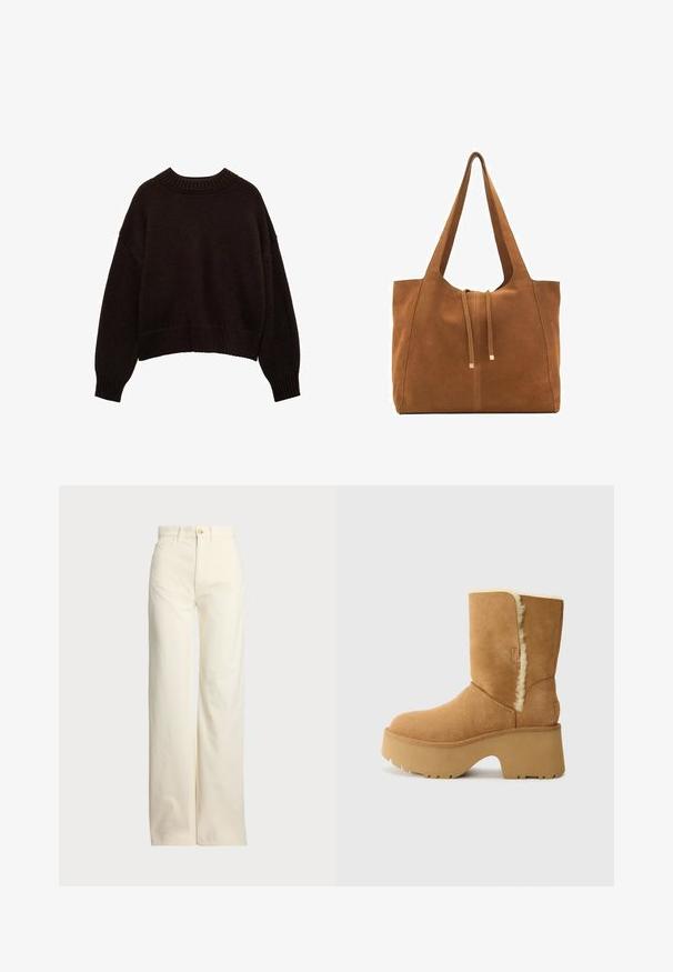 Maglione lavorato a maglia marrone scuro con collo tondo, vestibilità oversize, spalle scese e polsini e orlo a coste. Dettagli in tessuto strutturato visibili.; Polo Ralph Lauren COTTON CORDUROY WIDE-LEG PANT - Pantaloni - warm white; UGG NEW HEIGHTS CUFF - Stivali da neve - chestnut; Borsa a tracolla in suede marrone con due lunghe cinghie, chiusura con cordoncino e design minimalista. Texture liscia e senza elementi hardware visibili.