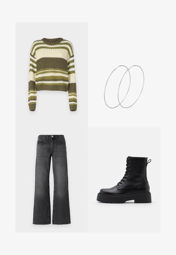 Gruby sweter z okrągłym dekoltem, z naprzemiennie ułożonymi poziomymi paskami w kolorze oliwkowym, kremowym i białym. Krótka długość z długimi rękawami.; Spodnie dżinsowe o szerokich nogawkach w ciemnoszarym denimie. Posiadają pięć kieszeni, zapięcie na guzik oraz subtelne przetarcia na materiale. Klasyczne wykończenia szwów.; Czarne skórzane botki za kostkę z okrągłym noskiem, sznurówką z przodu i grubą gumową podeszwą z teksturowanym bieżnikiem. Pętelka do zakładania z tyłu.; Srebrne kolczyki w formie obręczy o minimalistycznym designie. Okrągły kształt, gładka faktura i cienki profil. Lekkie, z polerowanym wykończeniem.