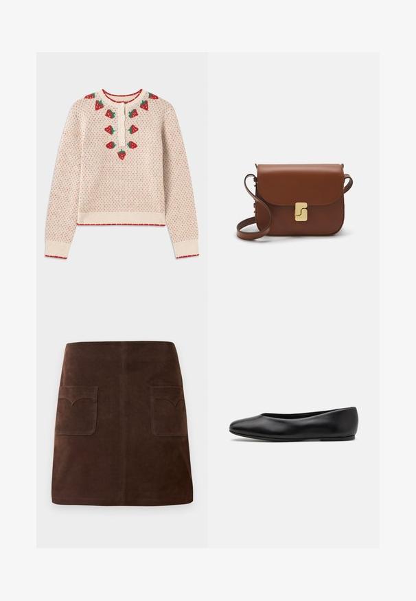 Krämfärgad tröja med röda jordgubbsmönster, ribbade röda muddar och fåll, knäppning vid halsen, med en strukturerad, stickad design.; Brun mockakjol med en klassisk A-linjeform, två framfickor med rundade klaffar och subtila sömdetaljer.; Paul Smith TOPANGA - Ballerinaskor - black; Brun läderhandväska med klaffstängning, guldfärgad hårdvara, axelrem och en slät yta. Kompakt rektangulär form.