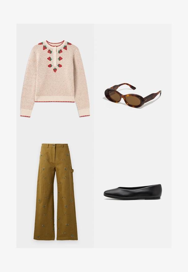 Kremowy sweter z czerwonymi wzorami truskawek, prążkowanymi czerwonymi mankietami i dołem, z zapięciem na guziki przy szyi, z teksturowanym, dzianinowym wzorem.; Spodnie z szerokimi nogawkami w oliwkowozielonym kolorze z haftem kwiatowym. Posiadają zapięcie na guzik oraz kieszeń boczną. Całość ozdobiona teksturowanymi szwami.; Paul Smith TOPANGA czarny; Okulary przeciwsłoneczne w stylu żółwi, z owalnymi soczewkami, brązowym odcieniem i złotymi akcentami na ramionach. Grube oprawki o błyszczącej powierzchni i gładkiej fakturze.; Granatowa skórzana torebka z dwoma długimi uchwytami, detalem w postaci klamry oraz dołączonym breloczkiem. Charakteryzuje się gładką teksturą i prostokątnym kształtem.