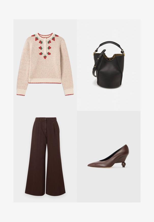 Kreemigreen neonroosa mustriosad varrukad jaäär, nupuga kinnitamine kaelal, tekstuuriga kudumidisain.; Kõrge vöökoht, laiad pruunid püksid nupuga ja tõmblukuga, vöörihmadega ning ees olevate voltidega.; Pruunist nahast tõstetud kontsaga kingad, millel on terav varvas ja ümar pallikujuline konts. Sile tekstuur, lihtne disain ja minimaalsed aksessuaarid.; Mustast nahkämbriga kott tekstuurses viimistluses, kuldsete metalldetailide aktsentidega ja avatud ülaosaga. Omab lühikest käepidet ja reguleeritavat õlavarre rihma.