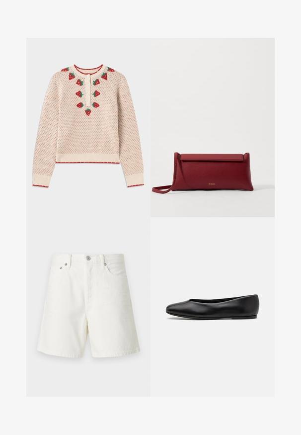 Cream sweater with red strawberry patterns, ribbed red cuffs and hem, button closure at neck, featuring a textured, knitted design.; White denim shorts with a straight cut, five-pocket design, front button closure, silver hardware, and stitched detailing.; Paul Smith TOPANGA - Ballet pumps - black; Red leather clutch bag with a textured finish, featuring a flat fold-over top and a short strap. Subtle brand logo on the front.