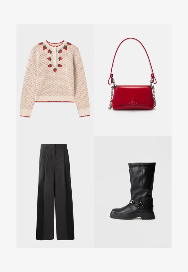 Cream sweater with red strawberry patterns, ribbed red cuffs and hem, button closure at neck, featuring a textured, knitted design.; Black wide-leg trousers with a high waist, featuring front pleats, a smooth texture, and a tailored finish. Designed for a relaxed fit.; Black knee-high boots made of smooth leather, featuring a buckle accent on the side and a thick, textured sole for grip.; Red patent leather handbag with silver chain accents, a short handle, and a decorative emblem on the front. Compact rectangular shape.