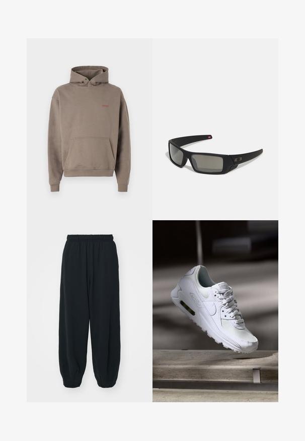 Kapuzensweatshirt in gedecktem Taupe, aus weichem, strukturiertem Stoff gefertigt. Verfügt über eine Fronttasche und ein kleines, kontrastierendes Logo.; Schwarze Sweatpants mit elastischem Bund, lockerer Passform, gerippten Beinabschlüssen, glatter Textur und ohne sichtbare Muster oder Hardware-Akzente.; Weiße Nike Air Max 90 Sneaker mit einem Obermaterial aus Mesh und Leder, durchlässigem Zehenbereich und einer sichtbaren Air-Einheit in der Ferse.; Schwarze Sonnenbrille mit matter Oberfläche, rechteckigen Gläsern, leichtem Bogen an den Schläfen, dezentem Logo-Detail und rauchgetönten Gläsern.