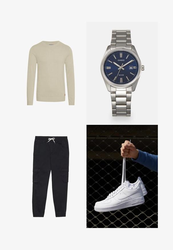 Suéter de punto beige con mangas largas, cuello redondo acanalado y dobladillo. Textura suave con una pequeña etiqueta de logo en la parte inferior izquierda.; Camiseta blanca de manga corta, fabricada en algodón, con un cuello redondo y una textura suave, diseñada para el uso casual.; Pantalones cargo negros de algodón, con una cinturilla elástica con cordón, bolsillos laterales y puños ajustados.; Zapatillas de cuero blanco con perforaciones, punta redonda, suela plana y cordones gruesos, con un logo de swoosh visible y "AIR" en el talón.; Reloj de pulsera de acero inoxidable plateado con una esfera azul marina, marcadores horarios metálicos y una ventana de fecha a las 3 en punto. Resistente al agua hasta 50 metros.