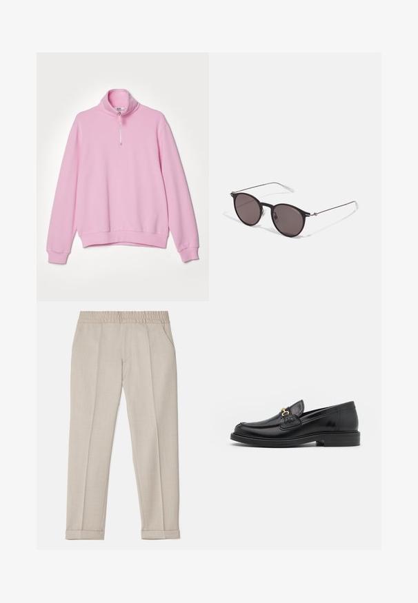 GCDS ESSENTIALS HALF ZIP - Mikina - pink; Filippa K TERRY CROPPED TROUSERS - Kalhoty - sage melange; Černé kožené mokasíny s zaoblenou špičkou, vyznačující se zlatými kovovými detaily a prošíváním, umístěné na nízké, texturované gumové podrážce.; Černé kulaté sluneční brýle s tmavými skly a tenkými kovovými nohami. Obsahují průhledné koncovky nožiček a stříbrné akcenty na pantu. Minimalistický design.