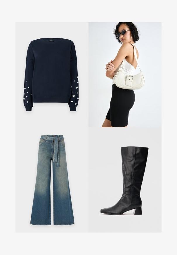 Tengerészkék pulóver hosszú ujjal, a ujjain szórt ezüst szívmintákkal, bordás mandzsettákkal és kerek nyakkivágással.; Bőszárú farmernadrág, világos és sötétkék árnyalatokkal, magas derekú, övgyűrűkkel és a nadrággal megegyező anyagú övvel. Textúrált farmer kivitel.; Fekete, vádli közepéig érő bőrcipő hegyes orral és tömbsarkal világos, egyszínű háttér előtt.; Fehér bőr kézitáska ívelt formával, állítható pánttal és egy kis csattal. A modellen fitted fekete ruha van.