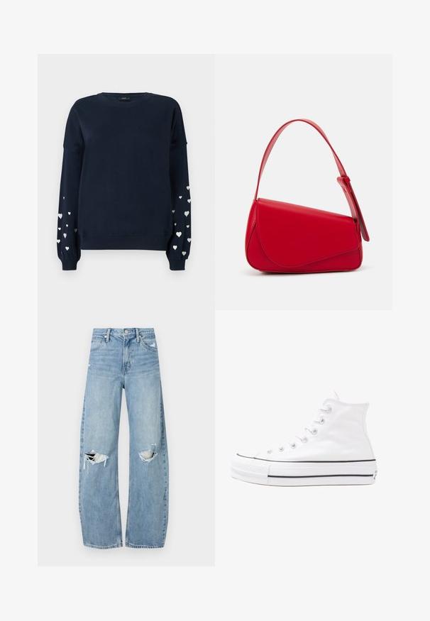 Mørkeblå sweatshirt med lange ermer som har spredte sølvhjerter på ermene, ribbestrikkede mansjetter og rund hals.; Lyseblå høytlivsjeans laget av denim. Har vide bein, to revne knær og klassisk fem-lommers design.; Hvit høy-skinn kanvas sneakers med svart gummisåle, gummitåhette foran og seks hull for snorer, med et rent, minimalistisk design.; Rød lærveske med en vinklet, geometrisk design. Har en enkelt justerbar stropp og en klaffelukking med sydd detaljer.